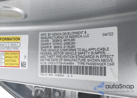 2022 Honda Accord Sport z USA, uszkodzony, nr VIN 1HGCV1F33NA044664
